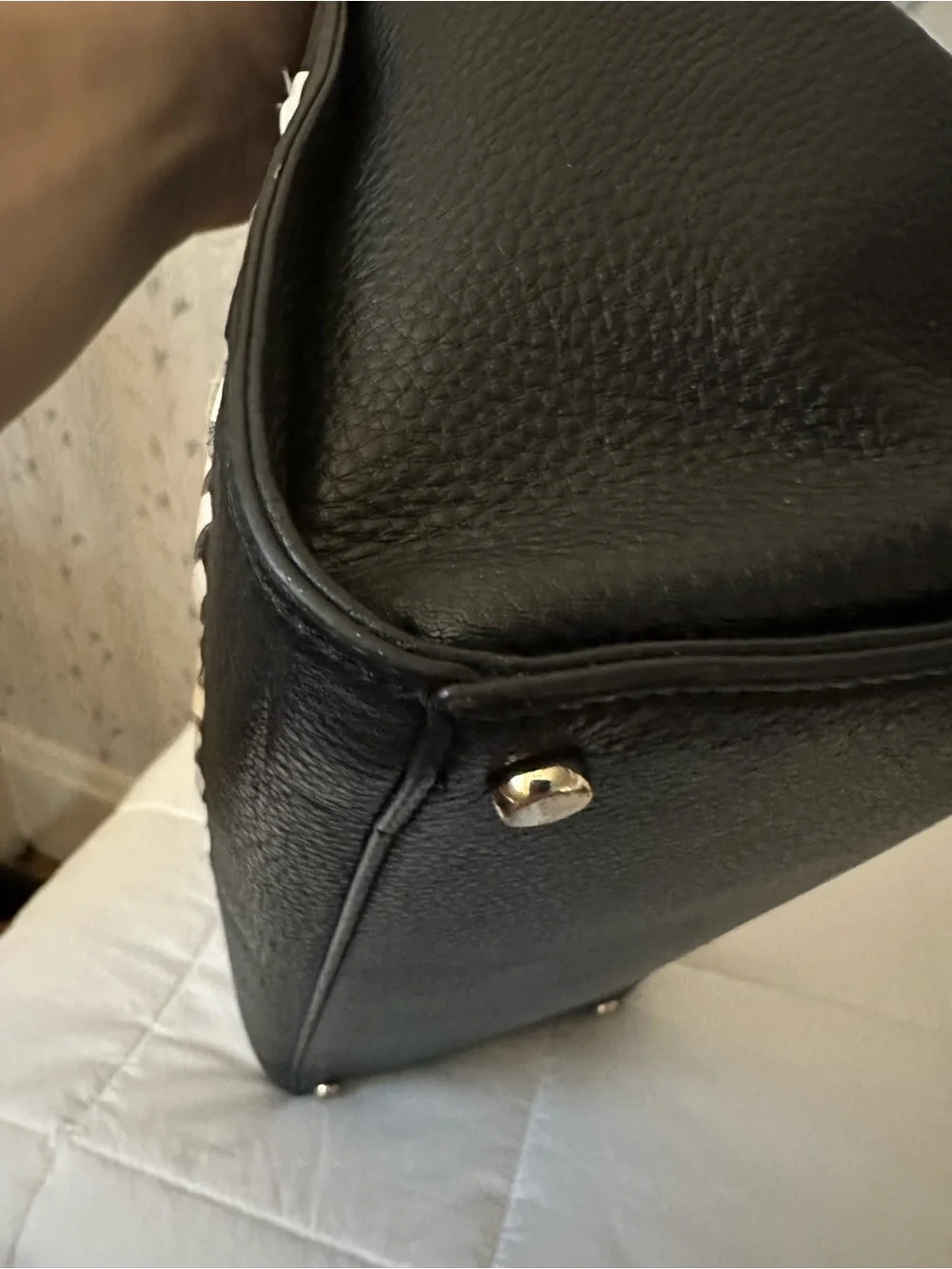 Kate Spade Black Leather Tote with White Woven Detail